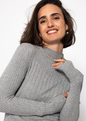 Rib knitting sweater with stand -up collar - gray