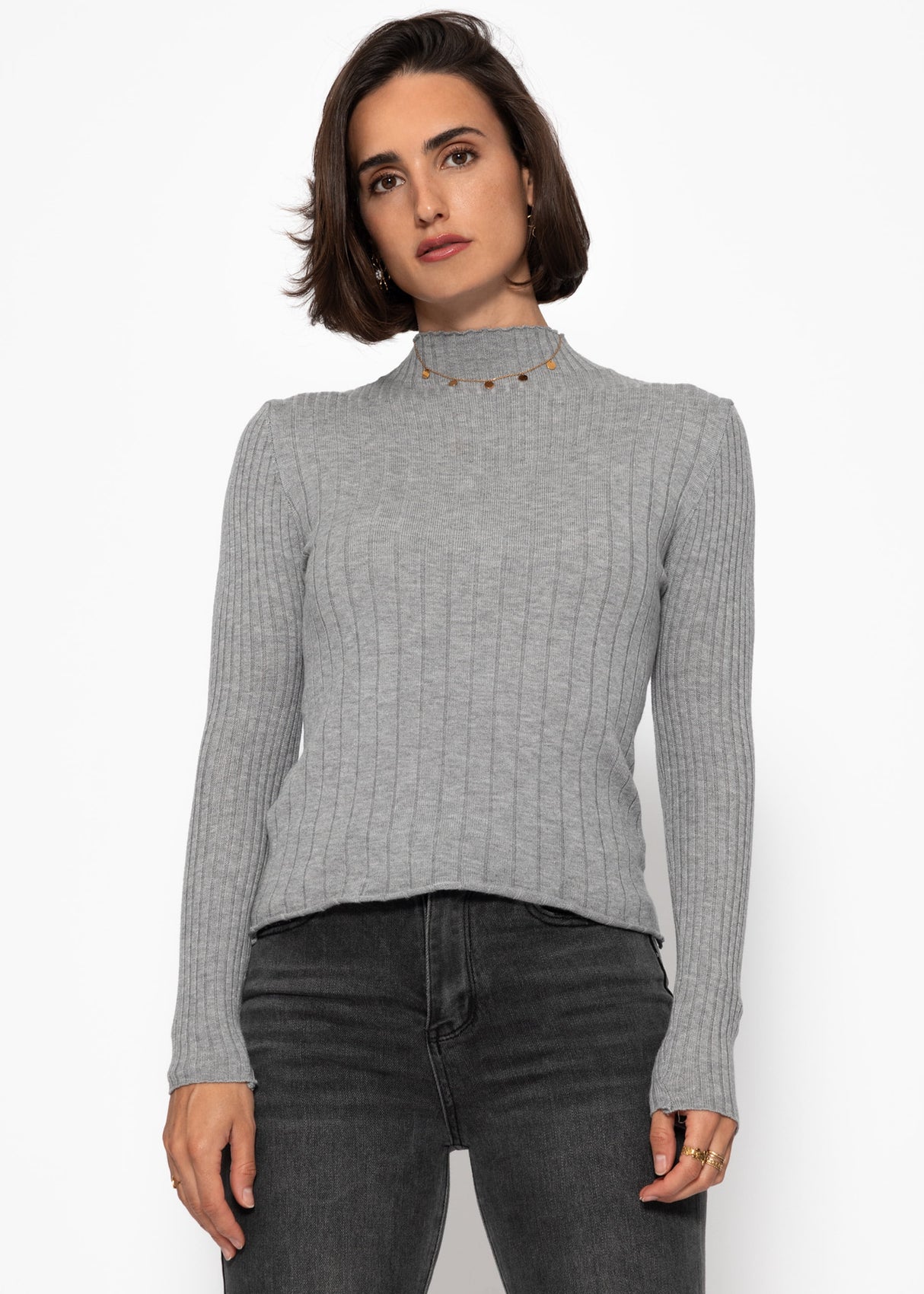 Rib knitting sweater with stand -up collar - gray