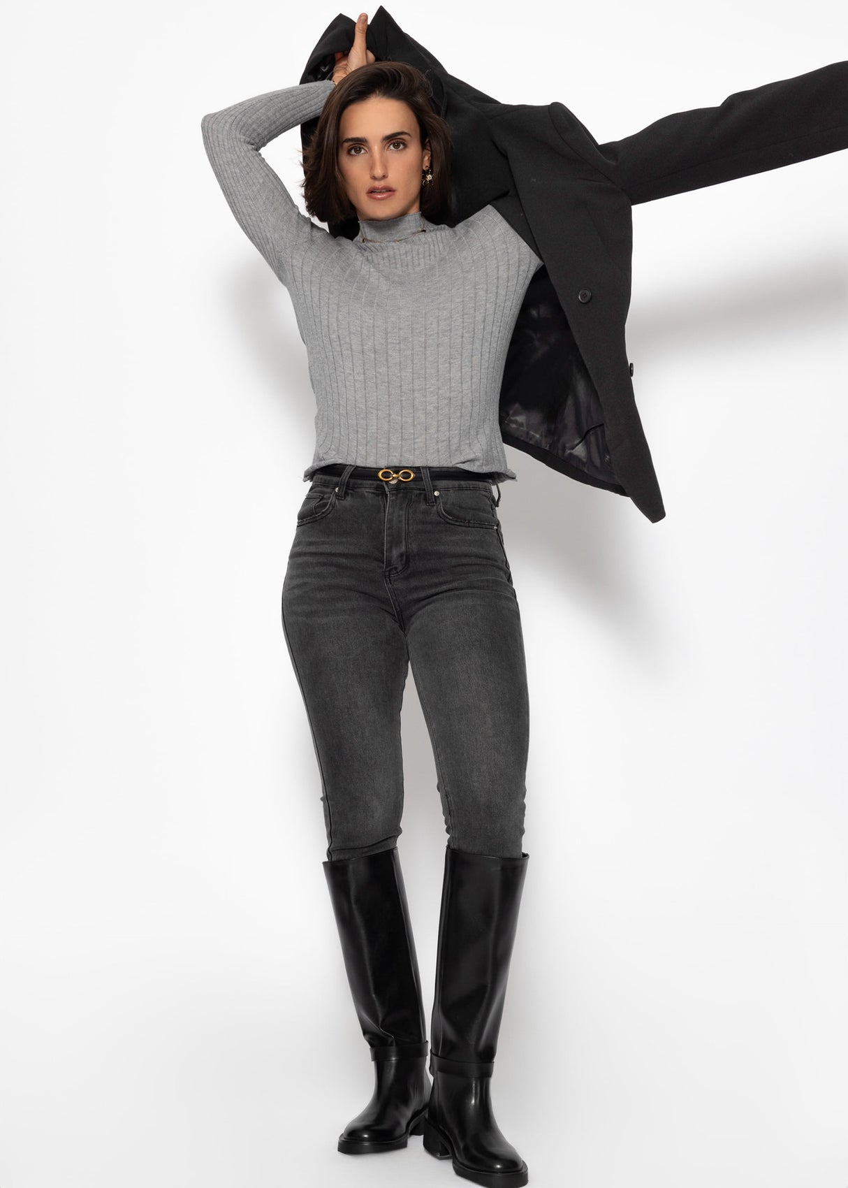 Rib knitting sweater with stand -up collar - gray