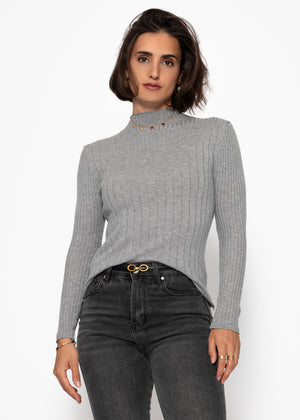 Rib knitting sweater with stand -up collar - gray