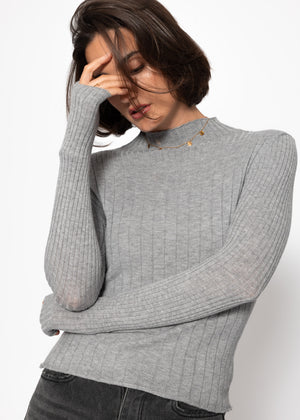 Rib knitting sweater with stand -up collar - gray