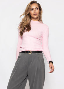 Rippstrickoberteil mit Stehkragen - rosa