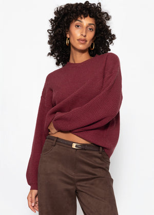 Rippstrickpullover mit hohem V-Ausschnitt - berry