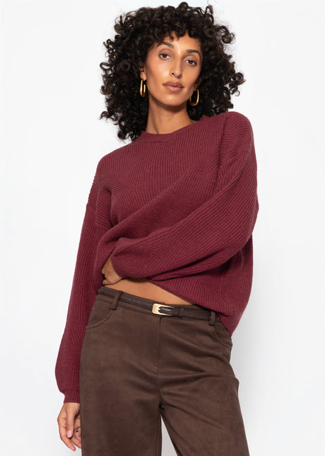 Rippstrickpullover mit hohem V-Ausschnitt - berry