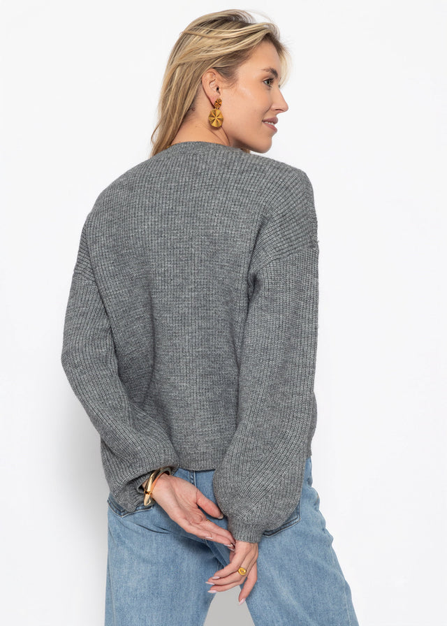 Rippstrickpullover mit hohem V-Ausschnitt - grau