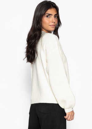 Rippstrickpullover mit hohem V-Ausschnitt - offwhite