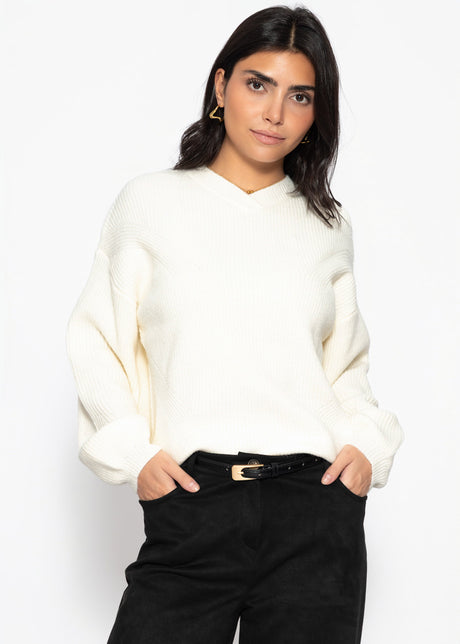 Rippstrickpullover mit hohem V-Ausschnitt - offwhite
