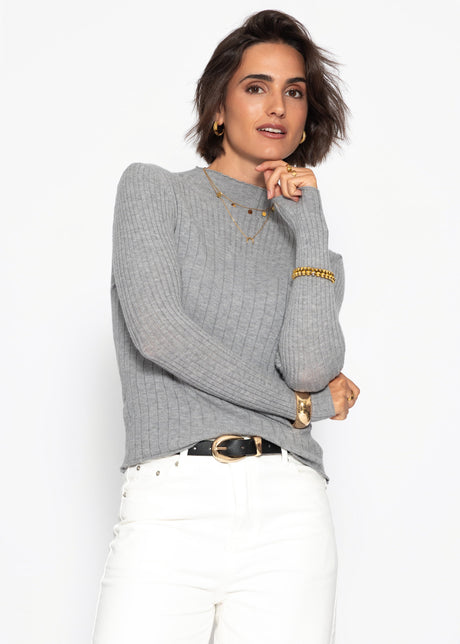Rib knitting sweater with stand -up collar - gray by SASSYCLASSY