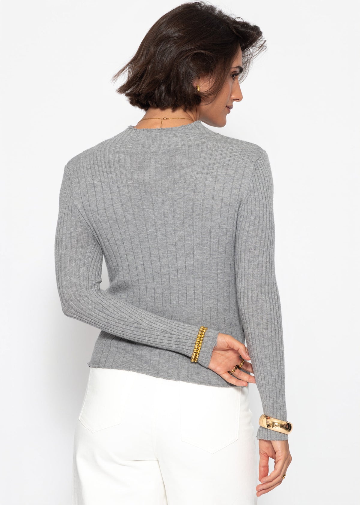 Rib knitting sweater with stand -up collar - gray