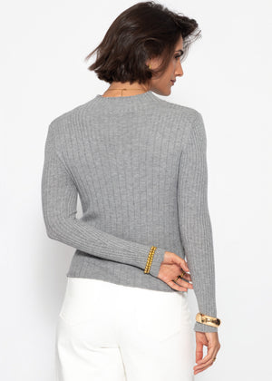 Rib knitting sweater with stand -up collar - gray