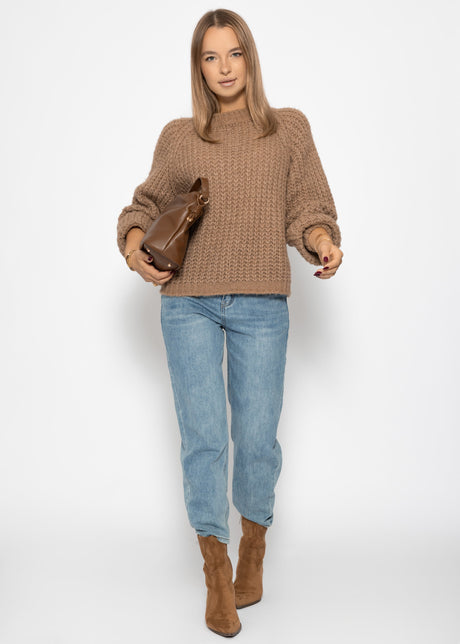 Chunky knit jumper with bow detail - brown
