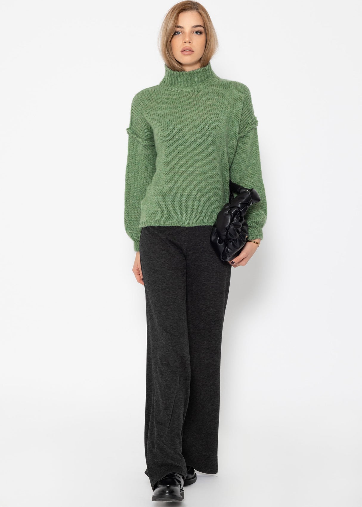 Turtleneck sweater with external seams - sage green