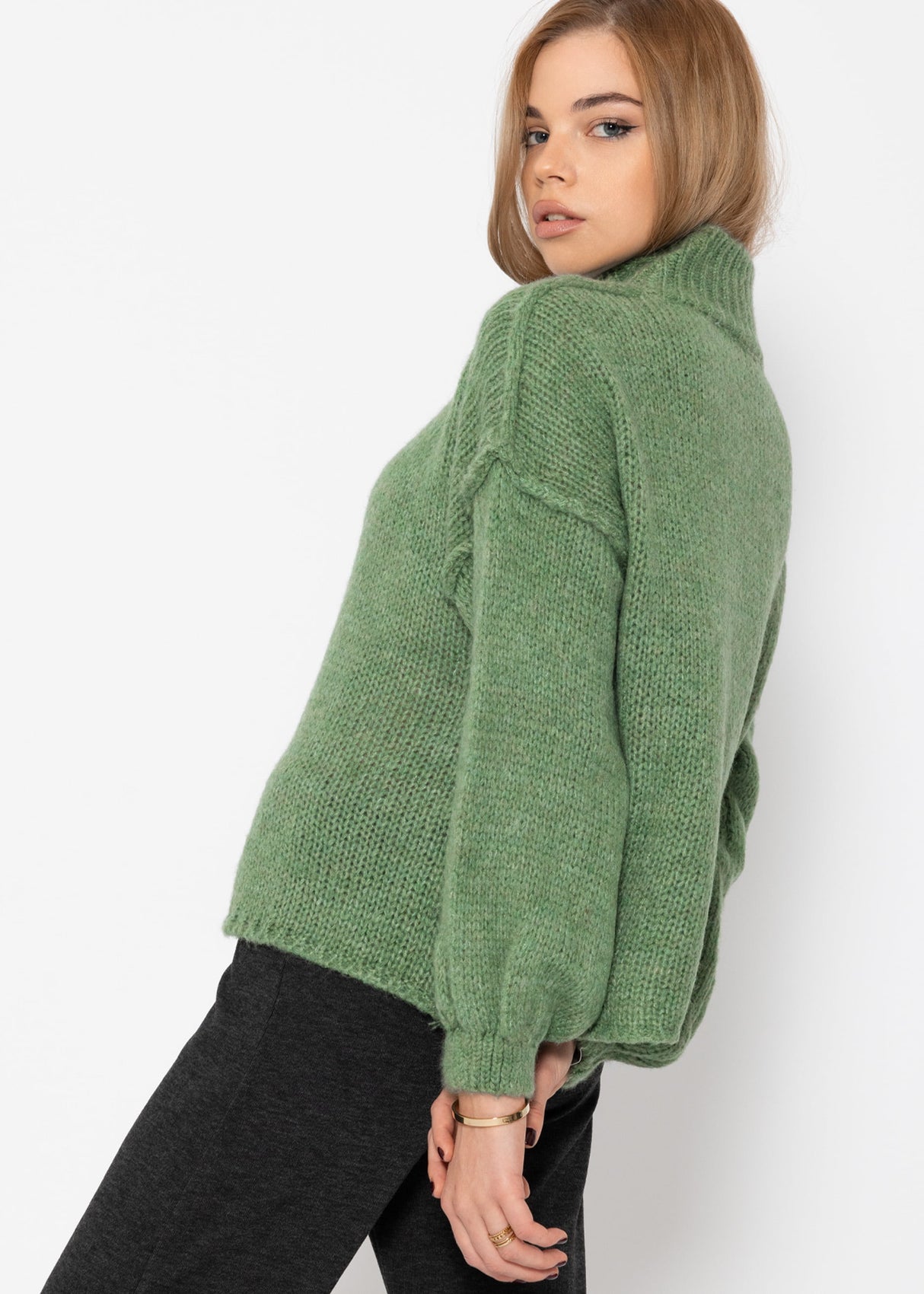 Turtleneck sweater with external seams - sage green