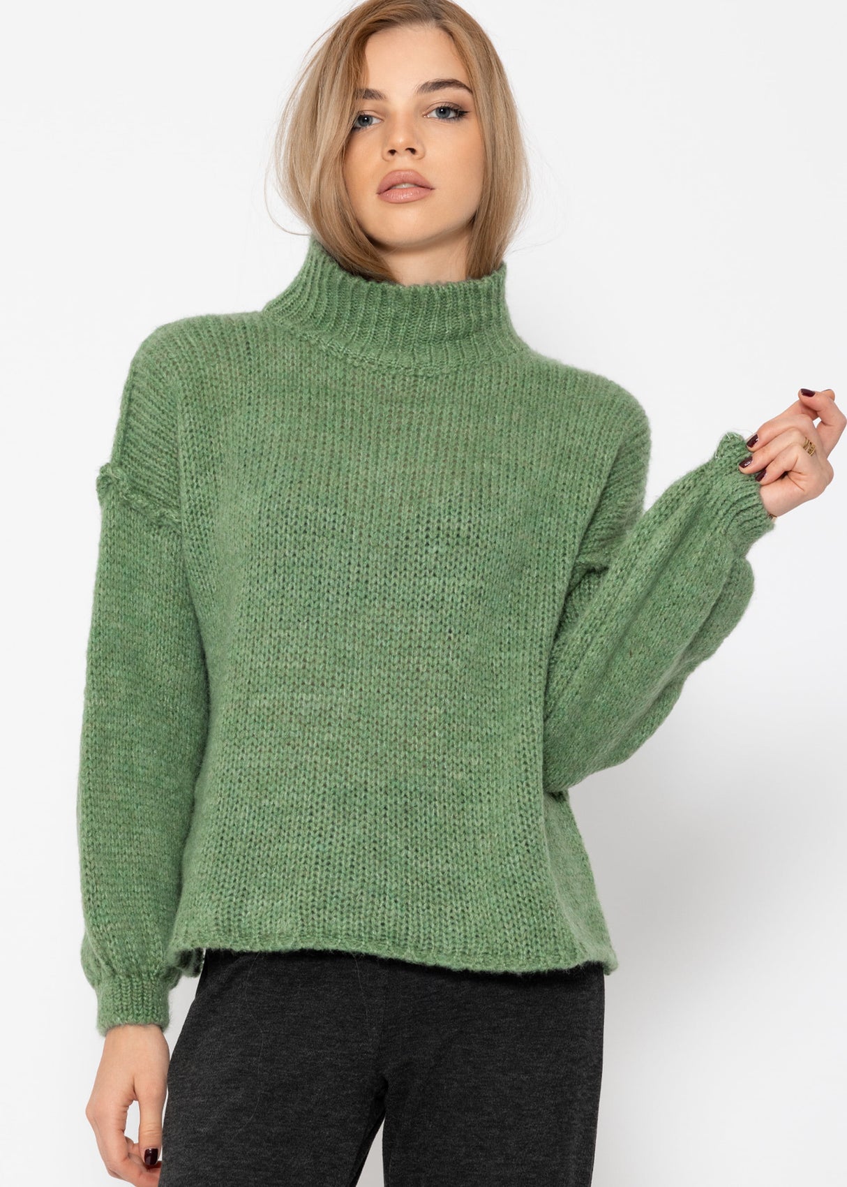 Turtleneck sweater with external seams - sage green