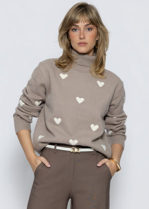Roll neck jumper with heart pattern - taupe