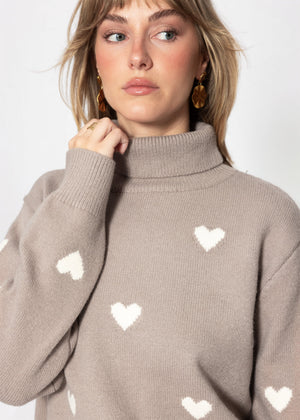 Rollkragenpullover mit Herzmuster - taupe