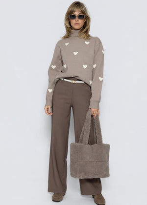 Roll neck jumper with heart pattern - taupe