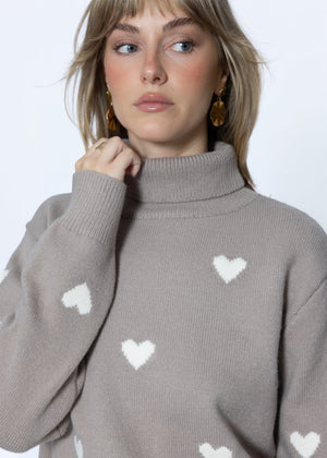 Roll neck jumper with heart pattern - taupe