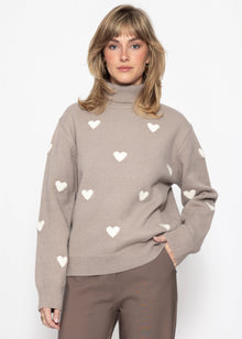 Rollkragenpullover mit Herzmuster - taupe