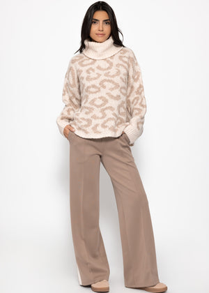 Rollkragenpullover mit Leomuster - beige