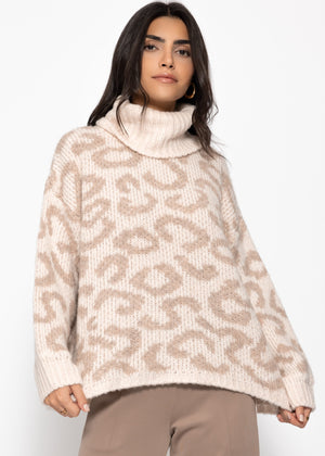 Rollkragenpullover mit Leomuster - beige