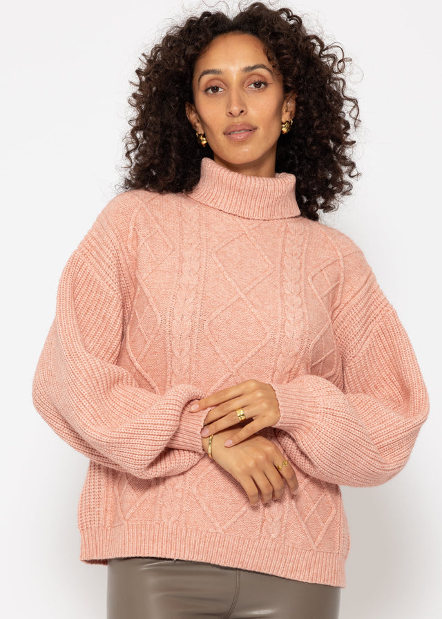 Roll neck jumper with cable knit - rose