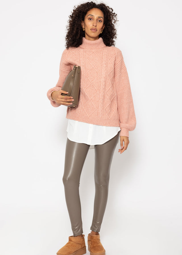 Roll neck jumper with cable knit - rose
