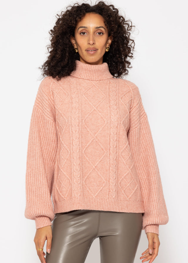 Roll neck jumper with cable knit - rose