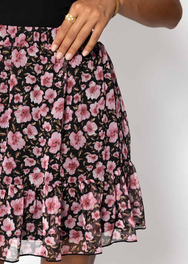 Rüschen Rock mit Blumen-Print - schwarz