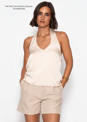 Satin Neckholder Top mit V-Ausschnitt - beige