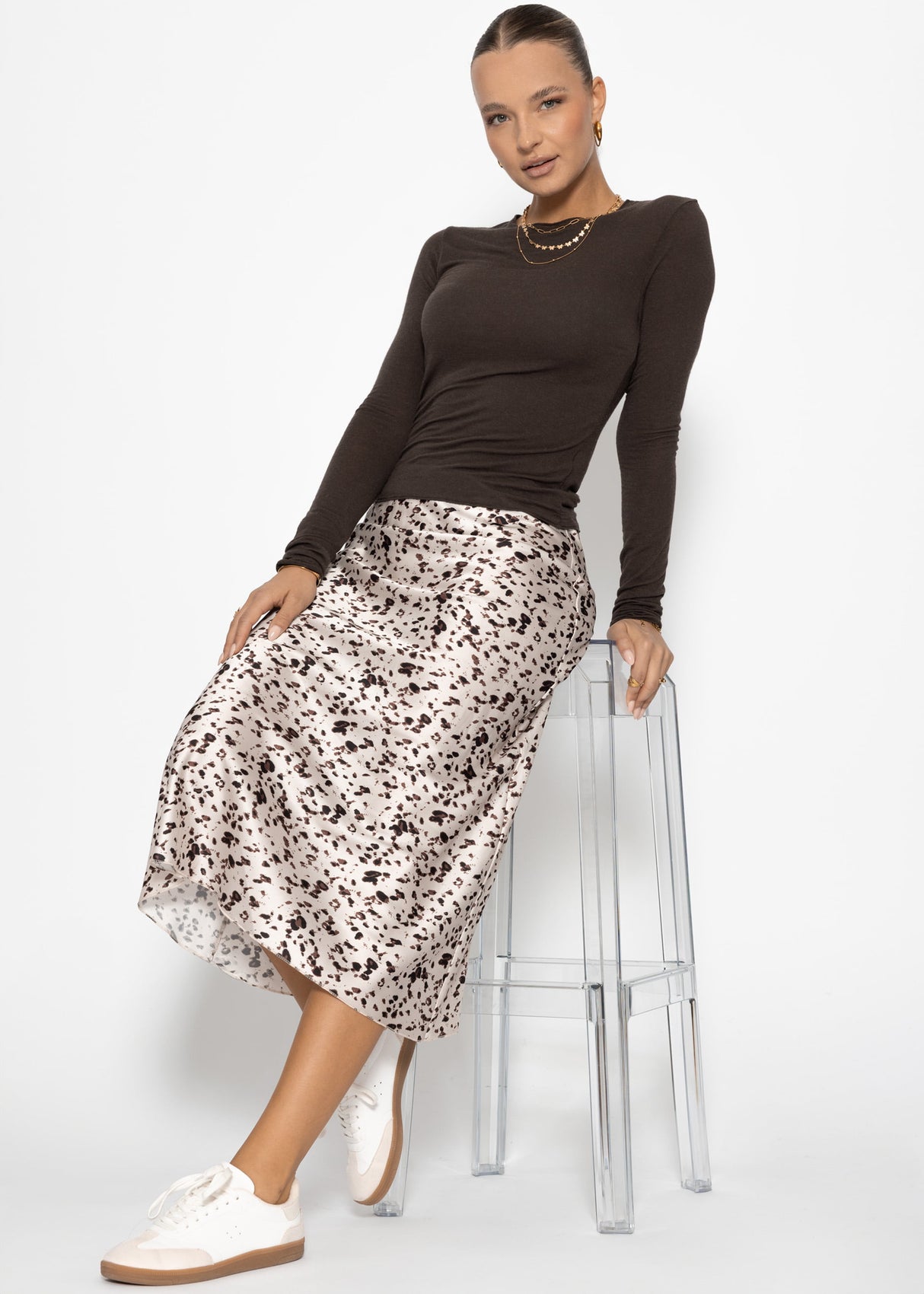 Satin skirt with animal print - beige