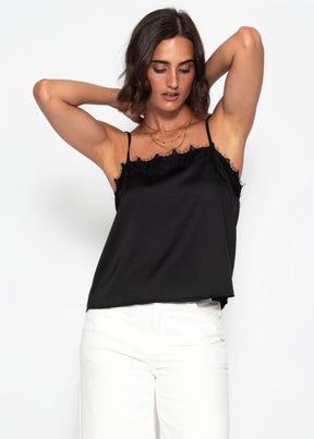 Satin Top mit Spitze - schwarz