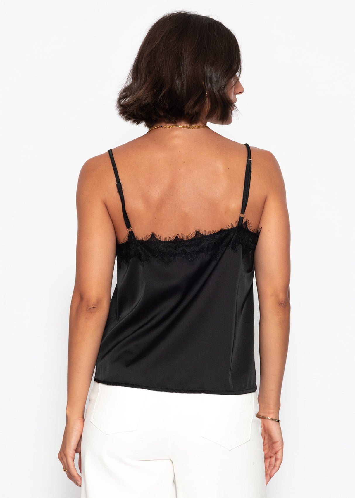 Satin Top mit Spitze - schwarz