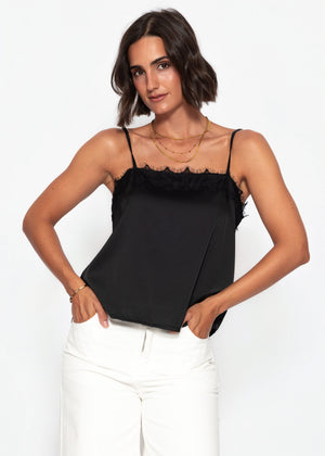 Satin Top mit Spitze - schwarz