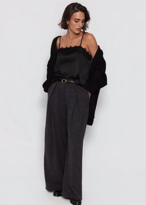 Satin Top mit Spitze - schwarz