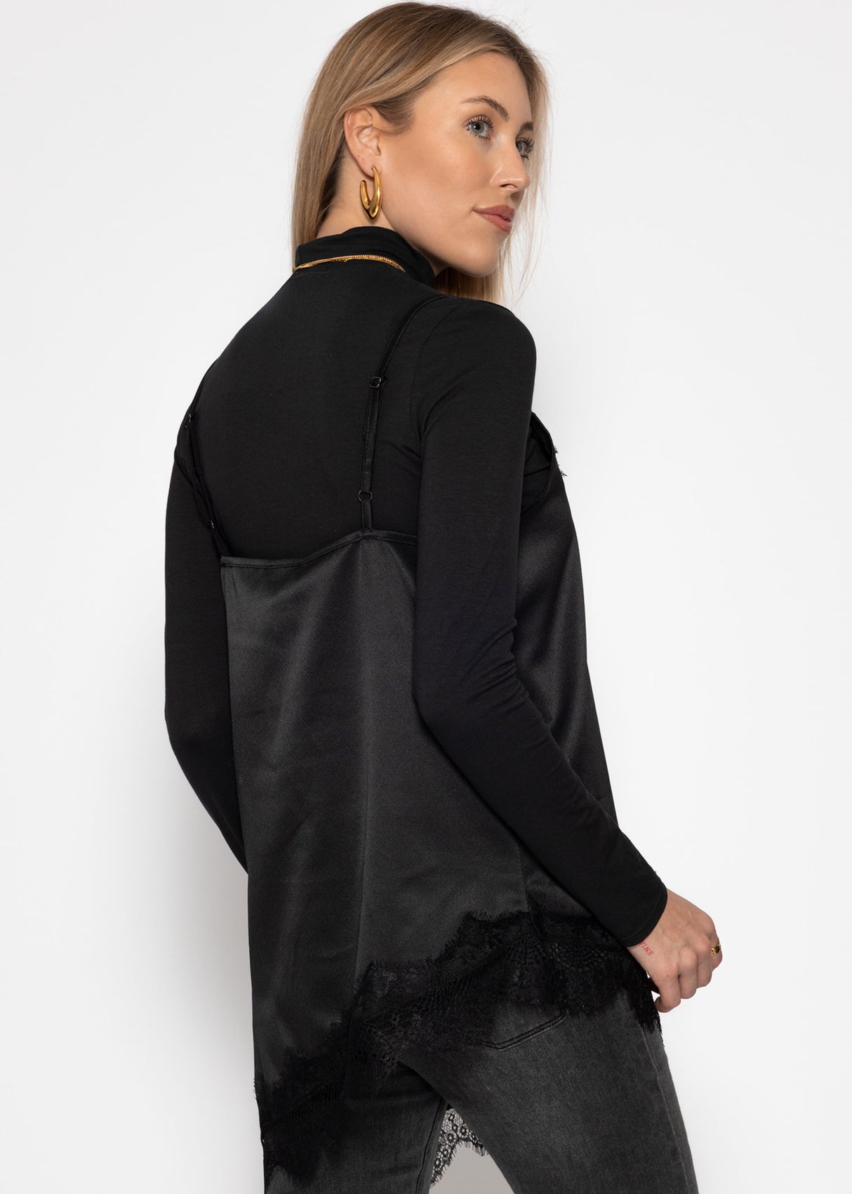 Satin top with lace and asymmetrical hem - black