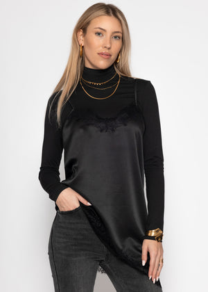 Satin top with lace and asymmetrical hem - black