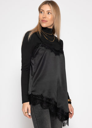 Satin top with lace and asymmetrical hem - black