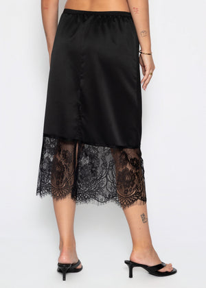 Satin skirt with lace hem - black
