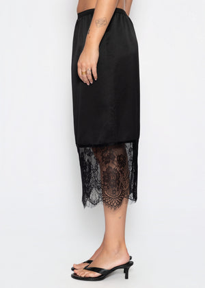 Satin skirt with lace hem - black