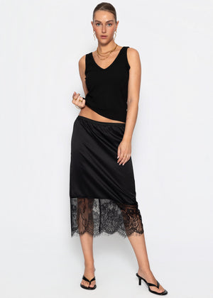 Satin skirt with lace hem - black