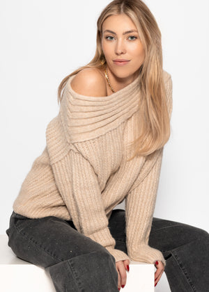 Off-the-shoulder knitted sweater - light beige
