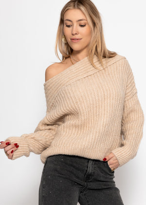 Off-the-shoulder knitted sweater - light beige