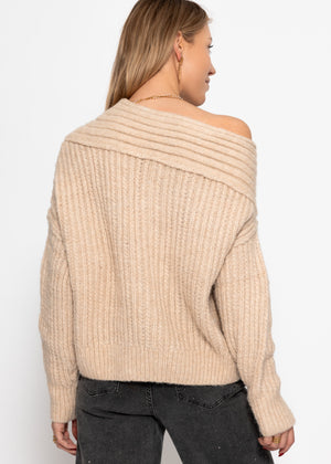 Off-the-shoulder knitted sweater - light beige