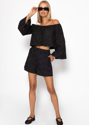Off-the-shoulder long sleeve top with eyelet embroidery - black