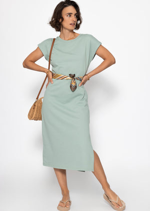 Schweres Sweatkleid mit Schlitz - salbeigrün