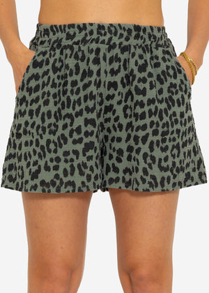 Muslin shorts with leopard print - khaki