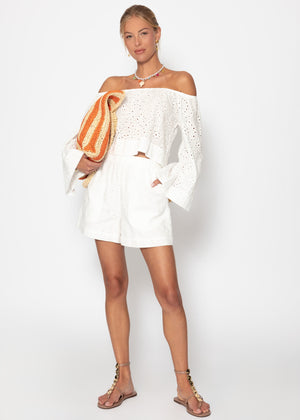 Shorts with perforated embroidery - white