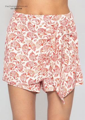 Skort mit Wickeldetail und Korallenmuster - rot-weiß