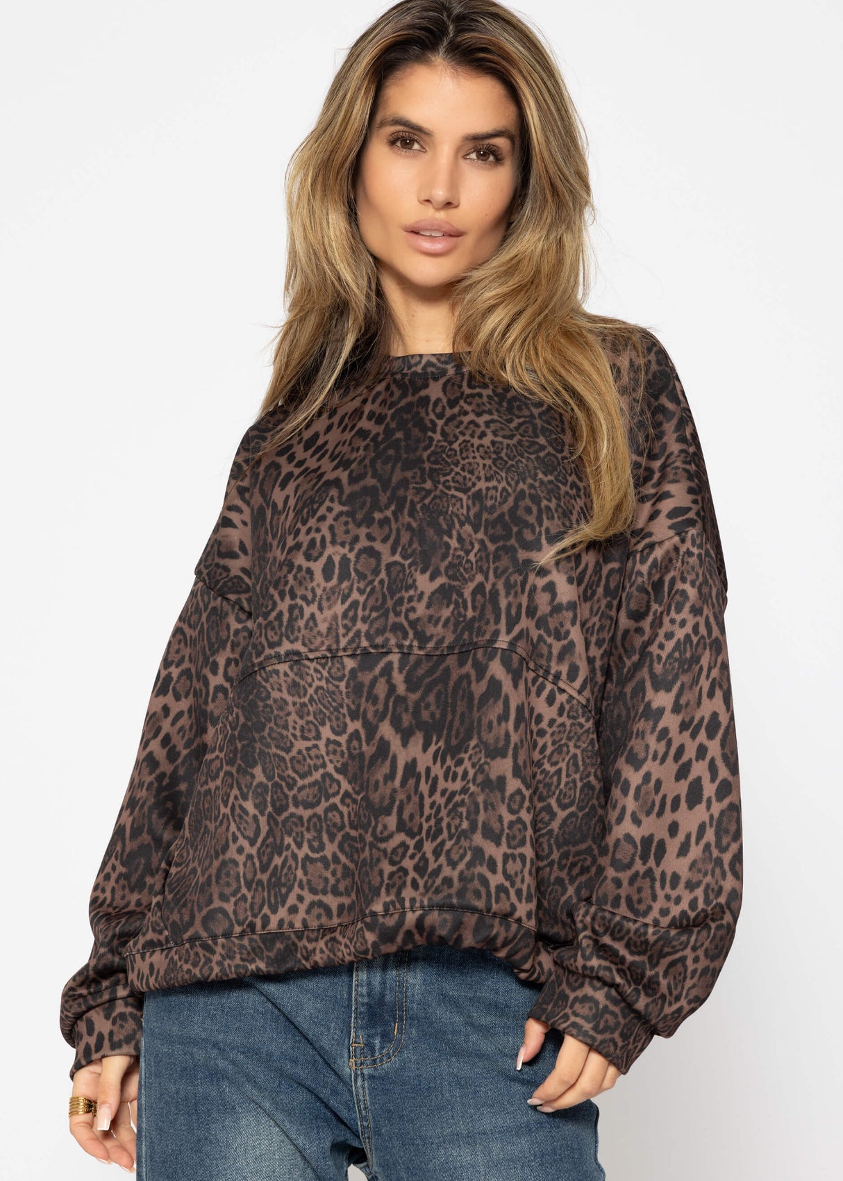 Soft sweatshirt with leopard print - black-brown